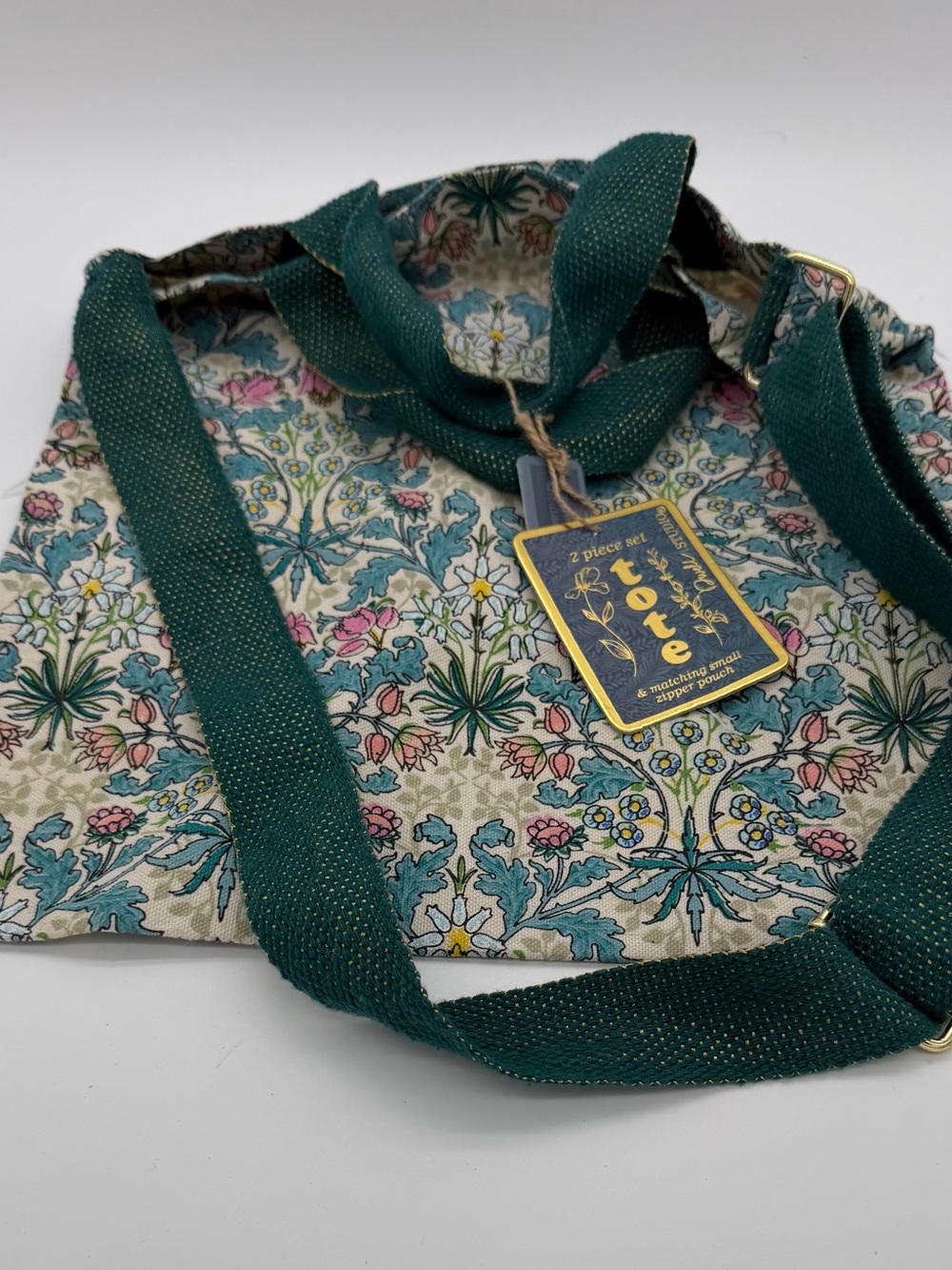 Floral Print Canvas Tote Bag with Teal Straps